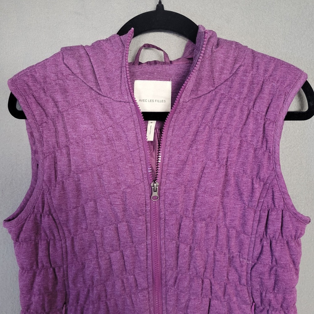 Avec Les Filles Purple Quilted Hooded Puffer Vest Womens Medium Zip Up Pockets